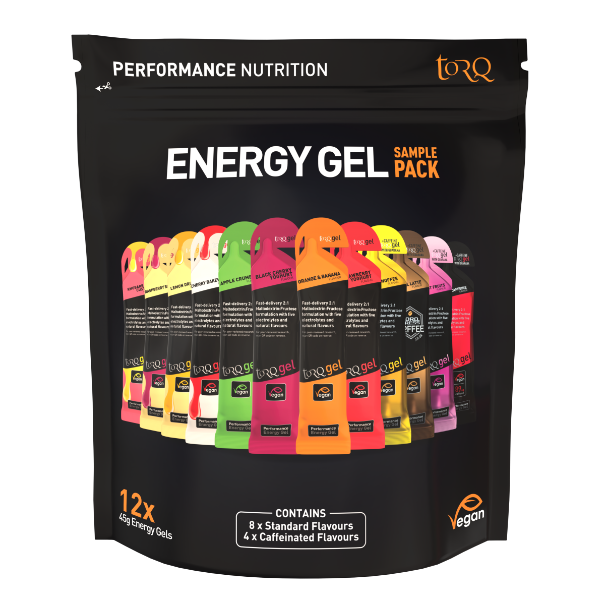 TORQ ENERGY GELS | 12 Gel Pack | 8 Standard + 4 Caffeine