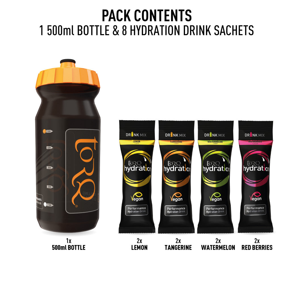 TORQ HYDRATION DRINK - 500ml Bottle &amp; 8 Mixed Sachets